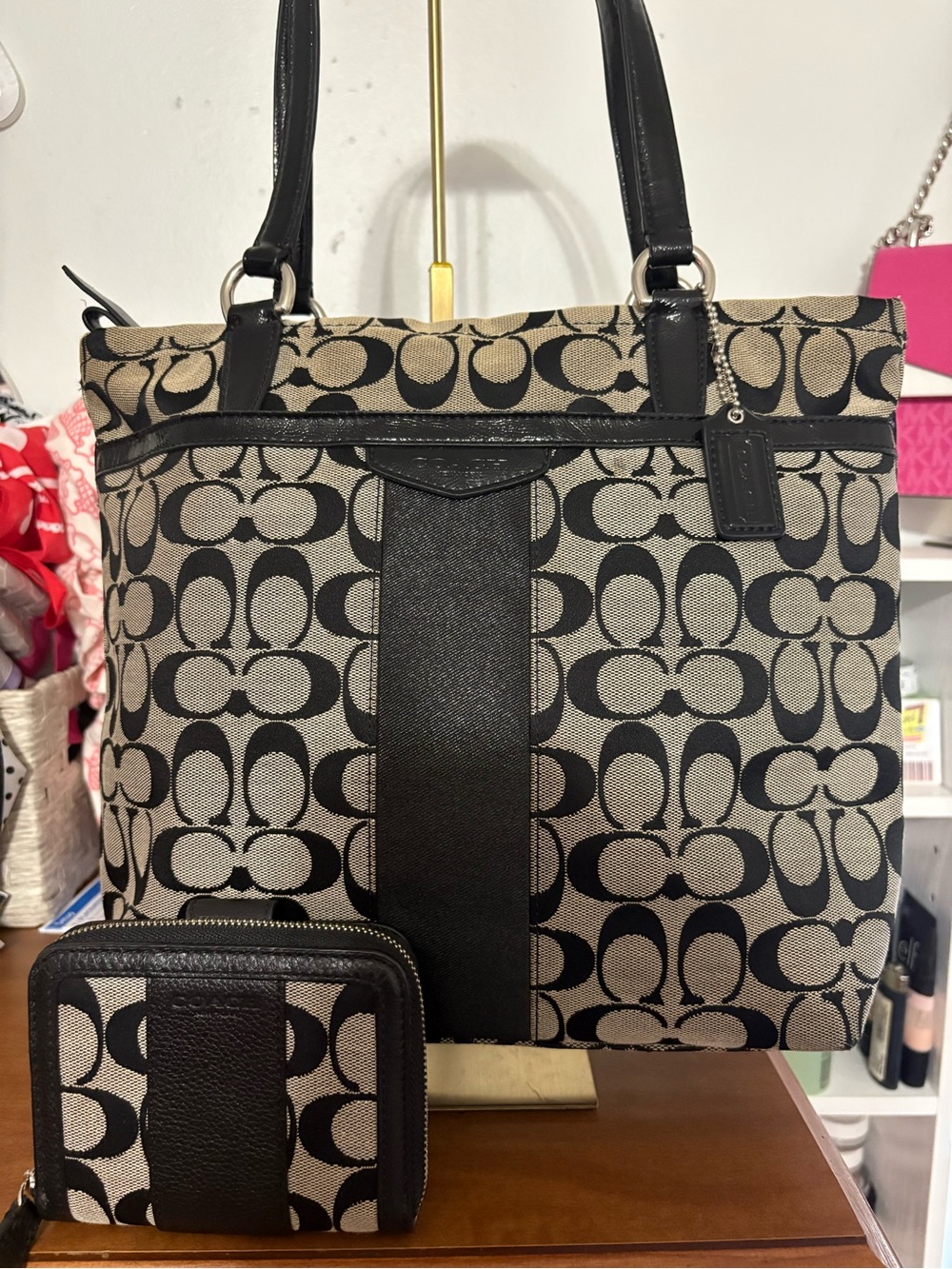 Coach Signature Canvas Tote in Black/Tan with wallet